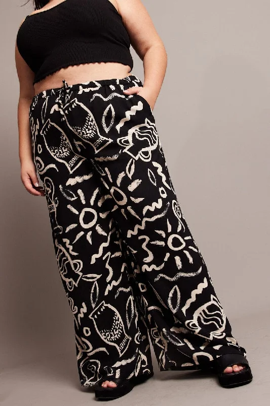 Black Abstract Wide Leg Pants High Rise Stylish Elastic Waist Pants
