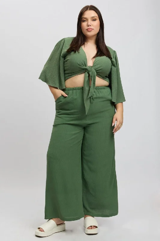 Green Textured Georgette Lined Wide Leg Pants Chic Black Leggings
