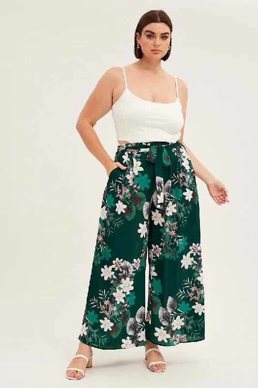 Green Floral Wide Pant Tie Waist Crepe Chic Checkered Pants