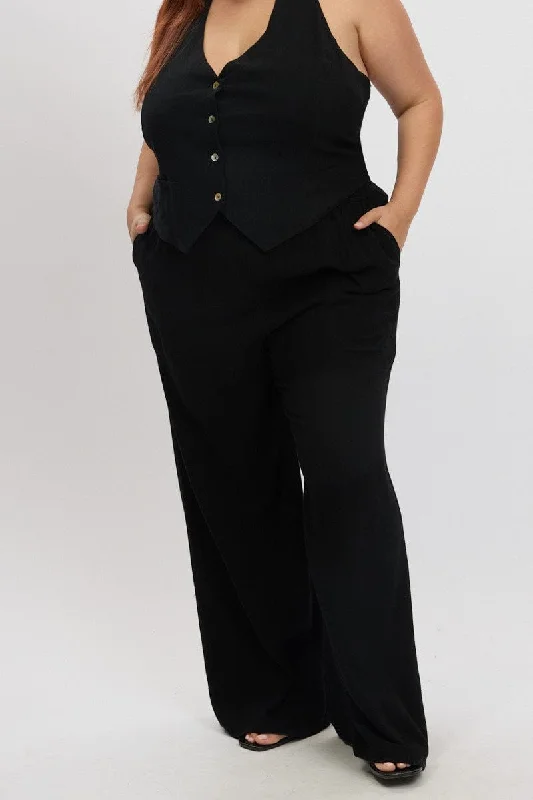 Black Elastic Waist Wide Leg Linen Blend Pants Formal Slim Pants