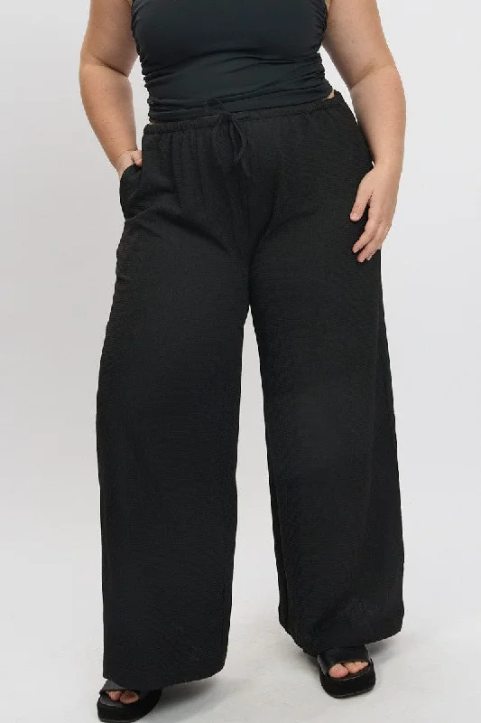 Black Textured Wide Leg Pants Drawstring Elastic Waist High-Waist Yoga Pants