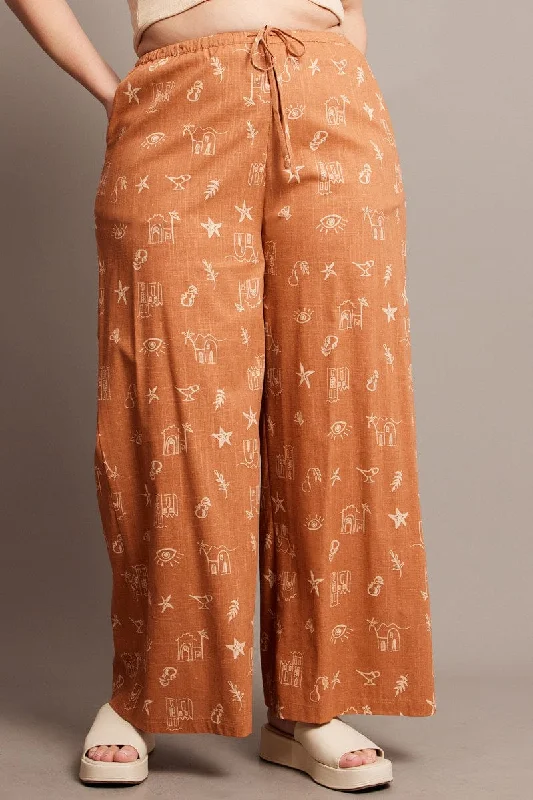 Brown Abstract Wide Leg Pants High Rise Comfortable Denim Pants