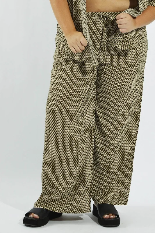Brown Geo Wide Leg Pants High Rise Formal Slim Pants