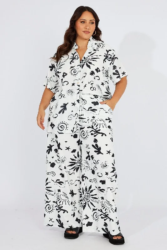 White Abstract Wide Leg Pants High Rise Chic Wool Trousers