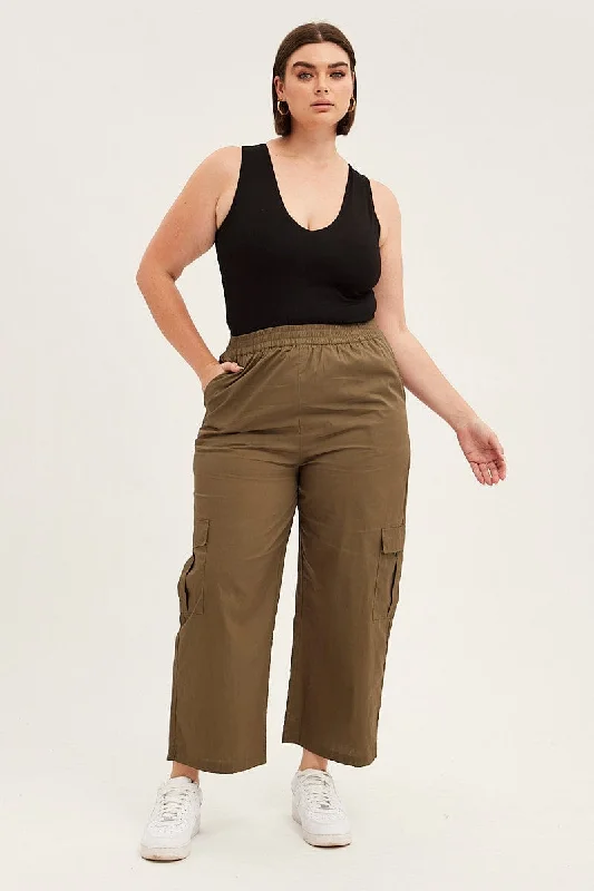 Green Cargo Wide Leg Pants High Rise Formal Stretch Pants