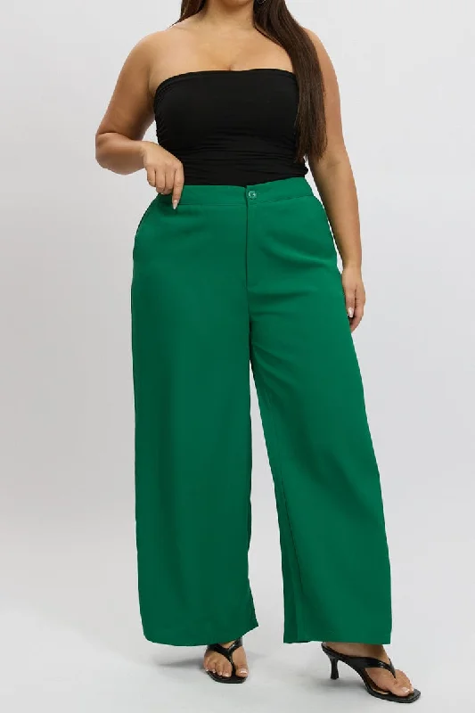 Green Tailored Wide Leg Pant Elastic Back Waistband Comfortable Cargo Pants