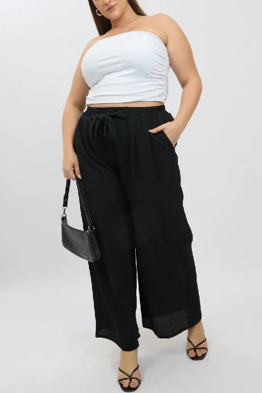 Black High Waist Crepe Wide Leg Pants Cozy Lounge Pants