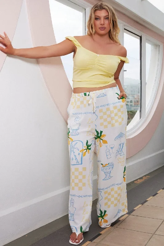 Yellow Abstract Wide Leg Pants Comfortable Maternity Pants