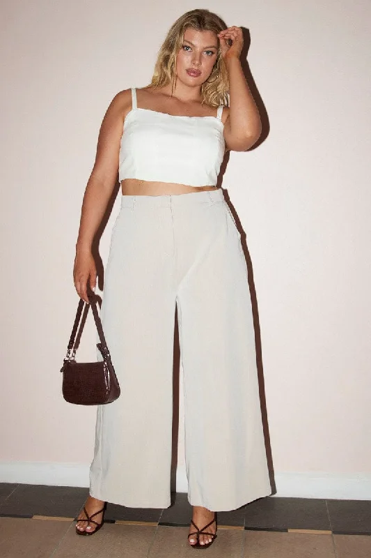 Beige Tailored Wide Leg Pants Trendy Velvet Pants