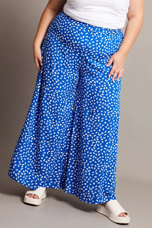 Blue Geo Flared Wide Leg Pants Classic Pleated Pants