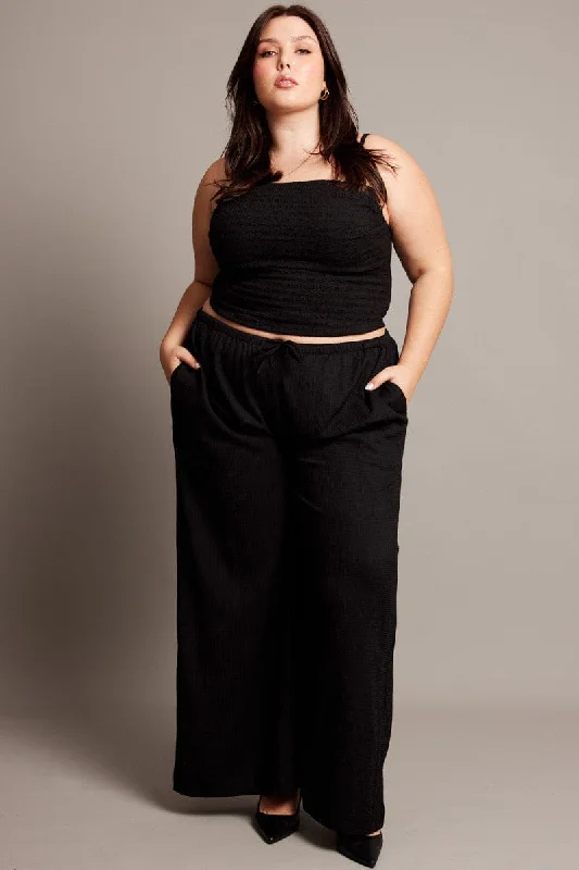 Black Wide Leg Textured Pants Lightweight Jogger Pants