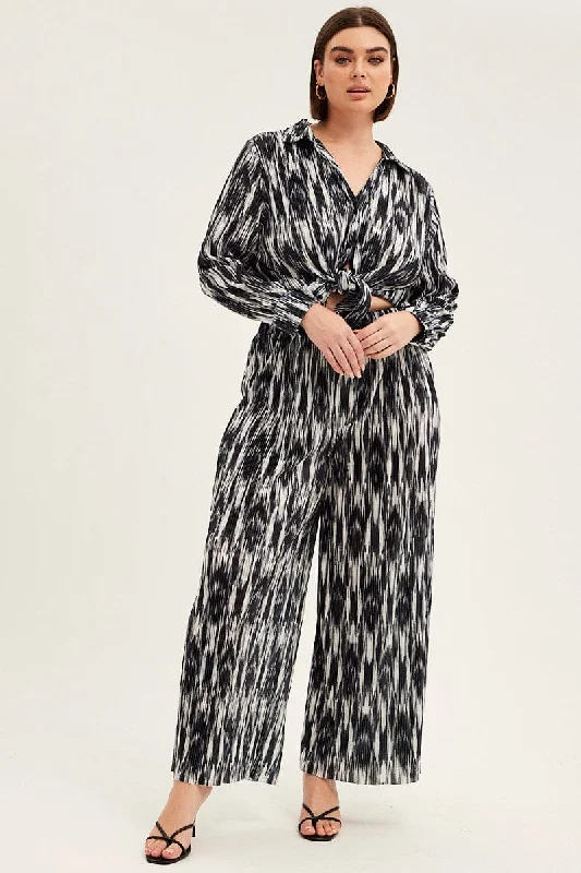 Black Print Plisse Pants Wide Leg High Rise Relaxed Linen Pants