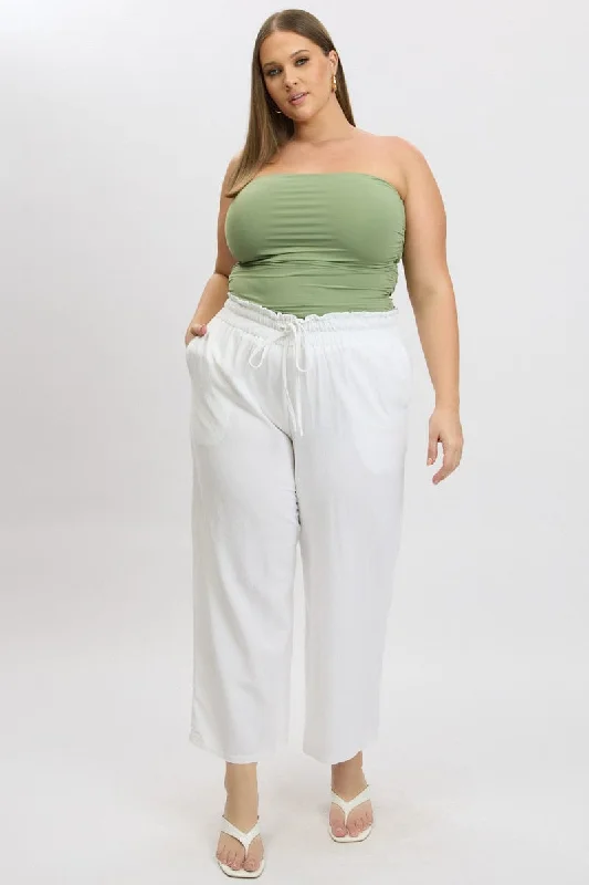 White Wideleg Pants Paperbag Elastic Waist Linen Blend Stylish Harem Pants