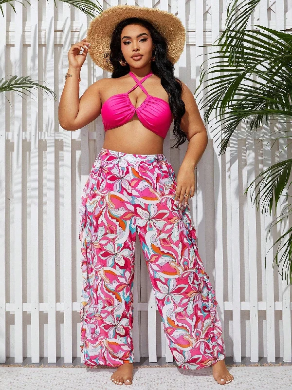 Women's Plus Size Printed Swimwear Set, Bikini Swimsuit With Cover Up Pants Bathing Suit Beach Outfit Summer Vacation Chic Checkered Pants