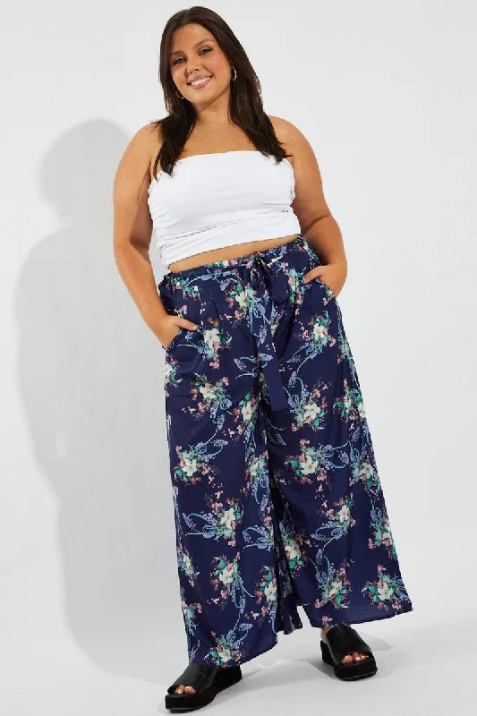 Multi Floral Wide Leg Pants Belted Soft Stretch Trousers