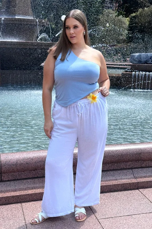 White Elastic Waist Wide Leg Linen Blend Pants Trendy Wide-Leg Pants