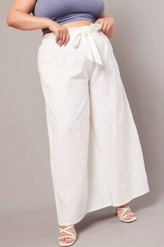 White Wide Leg Pants High Rise Waist Tie Crop Formal Wide-Leg Pants