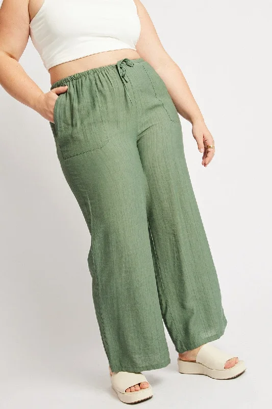 Green Drawstring Waist Wide Leg Textured Pants Cozy Lounge Pants