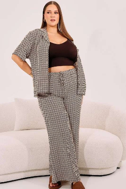 Brown Geo Drawstring Waist Wide Leg Pants Soft Sweatpants Style