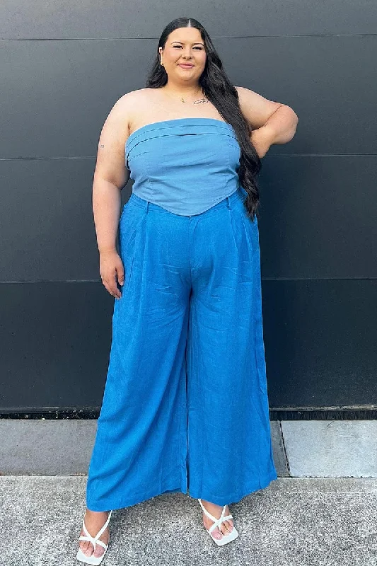 Blue Wide Leg Pants High Rise Linen Blend Formal Dress Pants
