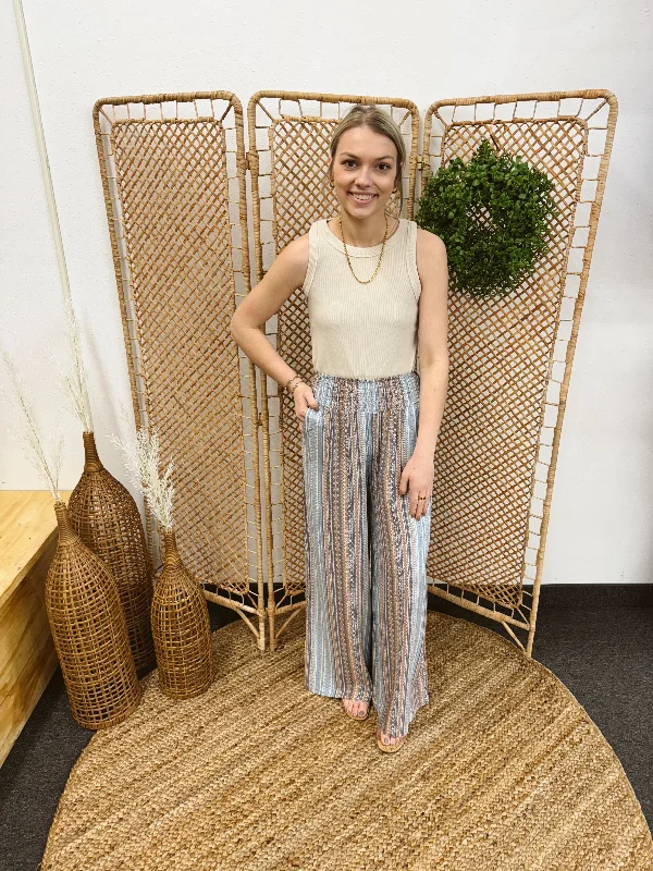Border Blue Print Palazzo Pant Chic Wool Trousers
