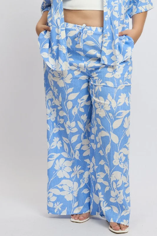Blue Abstract Drawstring Waist Wide Leg Linen Blend Pants Soft Cotton Pants