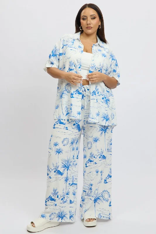 Blue Abstract Elastic Waist Linen Blend Pants Chic Wool Trousers