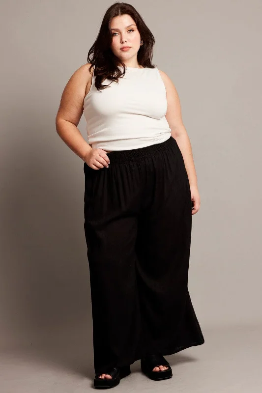 Black Shirred Waist Wide Leg Pants Stylish Paperbag Waist Pants