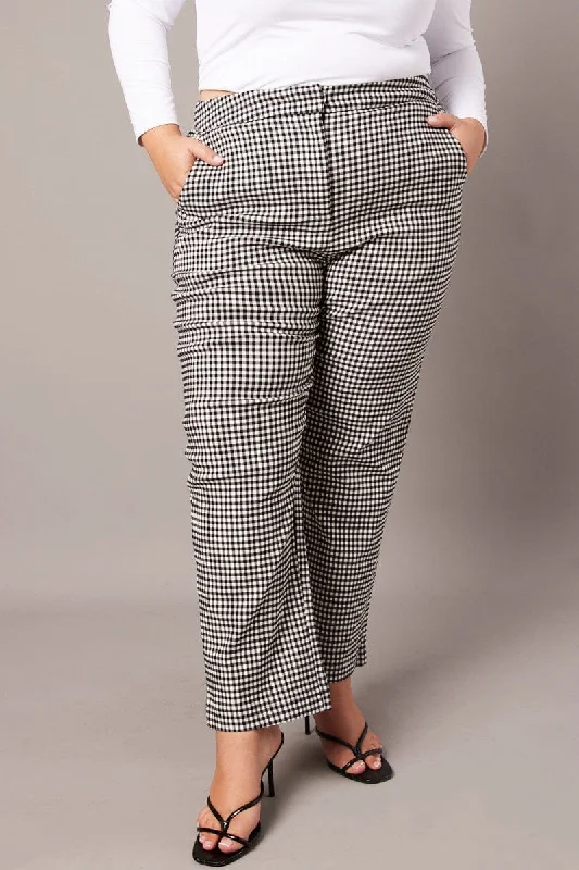 Black Check Slim Pants High Rise Warm Wool Trousers