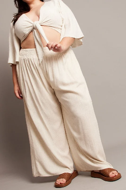 Beige Shirred Waist Wide Leg Pants Modern Bootcut Pants