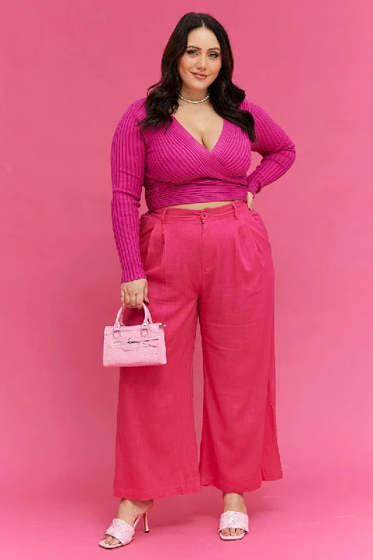 Pink Wide Leg Pants High Rise Linen Blend Lightweight Linen Pants