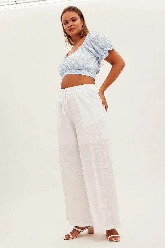 White Wide Leg Pants High Rise Cotton Slim-Fit Khaki Pants