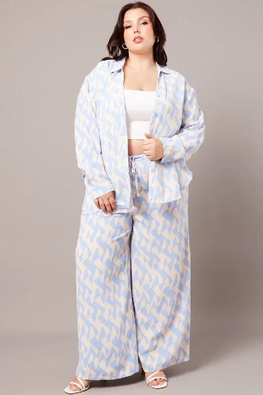 Blue Abstract Wide Leg Pants High Rise Comfortable Denim Pants