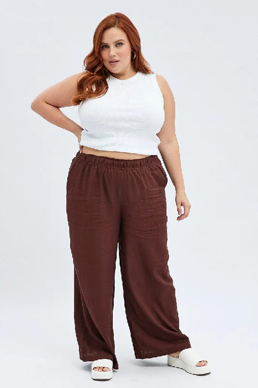 Brown Wide Leg Pants Elastic Waist Cozy Knit Pants