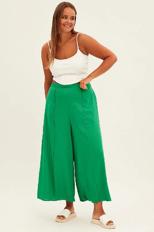 Green Wide Leg Pants High Rise Linen Blend Trendy Printed Leggings