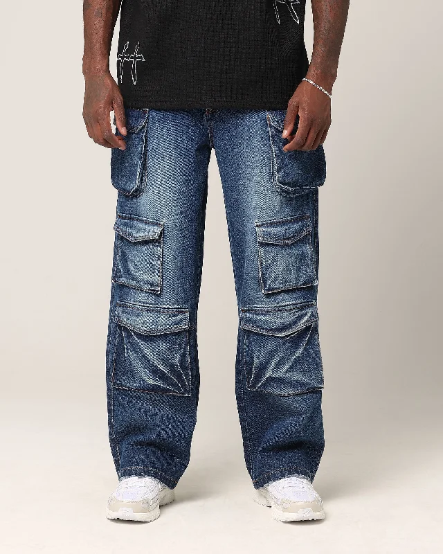 Saint Morta Baggy Cargo Pants Dark Blue Denim Elegant High-Waist Pants