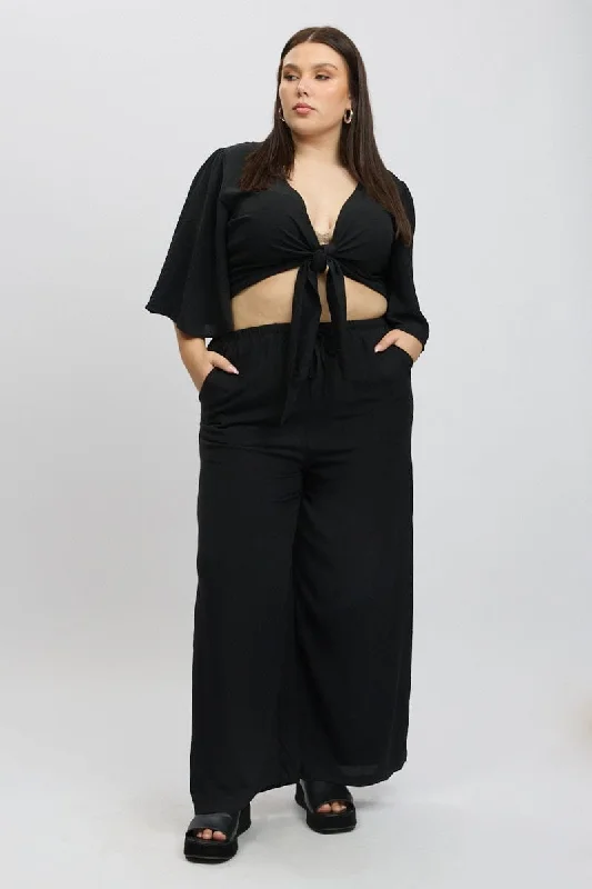 Black Textured Georgette Lined Wide Leg Pants Wide-Legged Palazzos