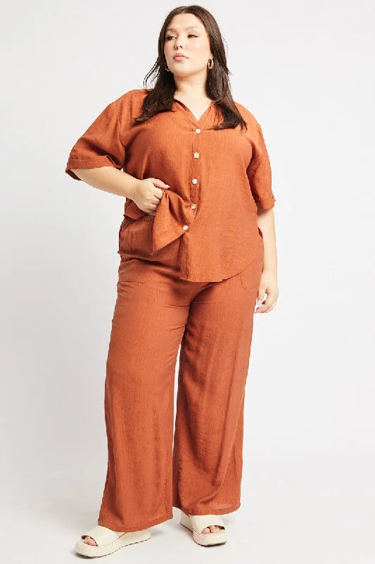 Brown Drawstring Waist Wide Leg Textured Pants Comfy Cargo Trousers