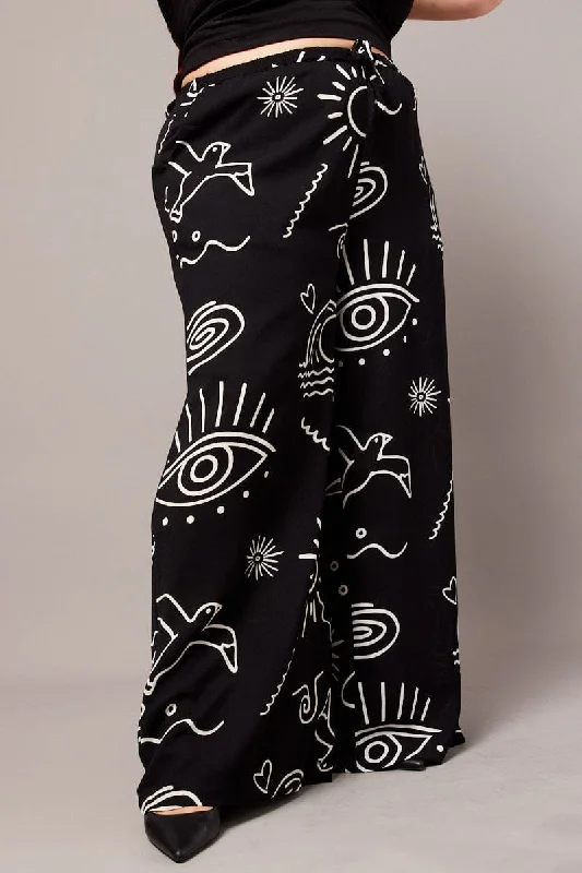 Black Abstract Wide Leg Pants High Rise Warm Wool Trousers
