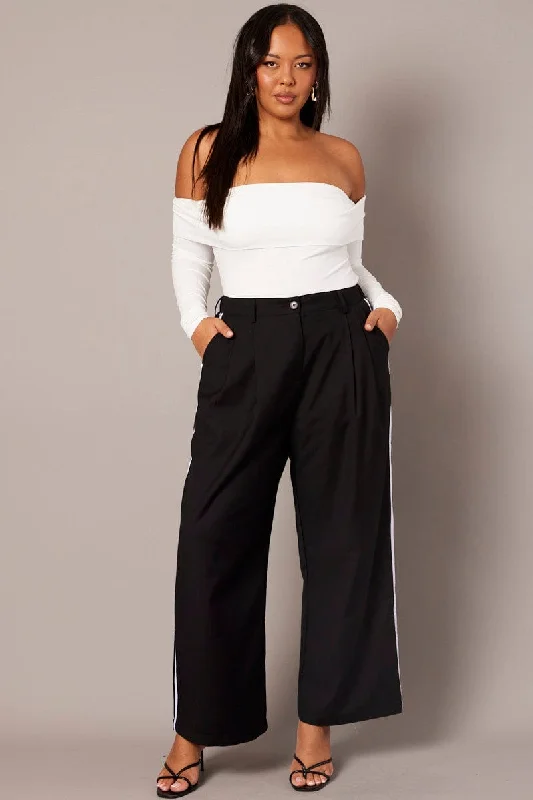 Black Wide Leg Pants Side Stripe Cozy Jogger Leggings