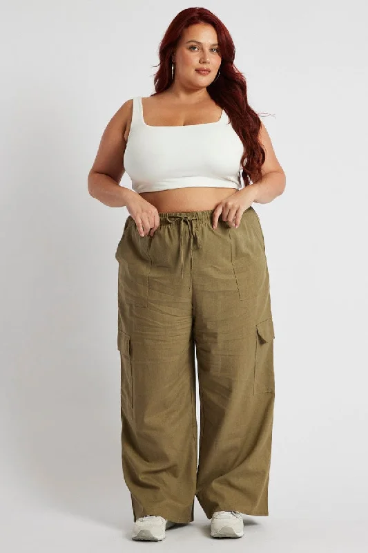 Green Relaxed Cargo Pant Elasticated Waist Casual Skinny Fit Pants