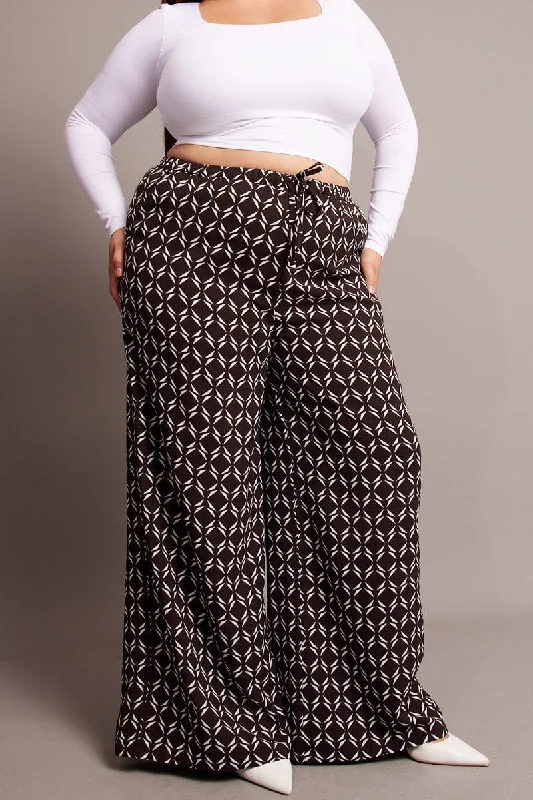 Brown Geo Wide Leg Pants High Rise Classic Bootcut Trousers
