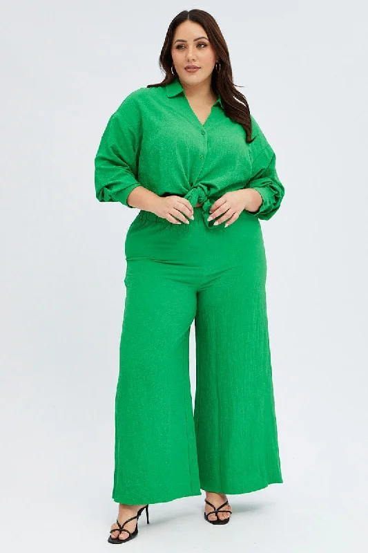 Green Wideleg Pants Crinkle Texture Elegant High-Waist Pants