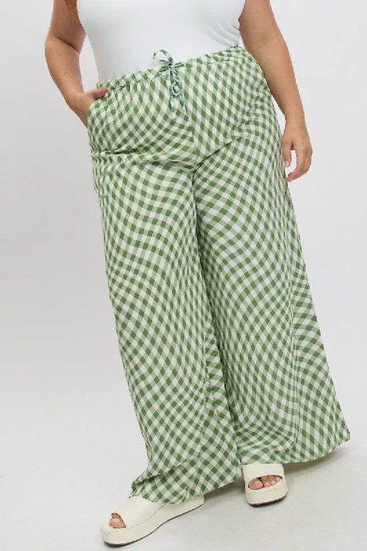 Green Check Drawstring Waist Wide Leg Pants Comfortable Maternity Pants