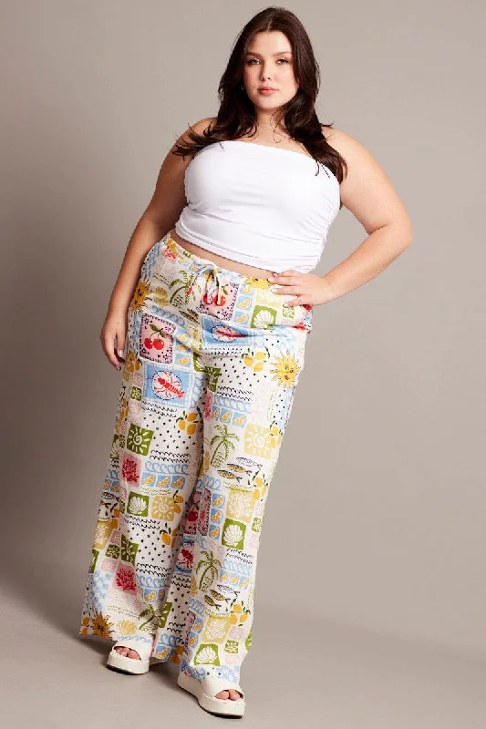 Multi Abstract Drawstring Waist Linen Blend Pants Fashionable Tapered Leg Pants