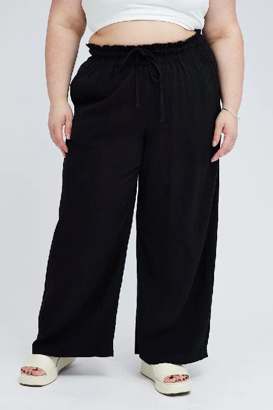 Black Wideleg Pants Paperbag Elastic Waist Linen Blend Comfortable Jogging Pants