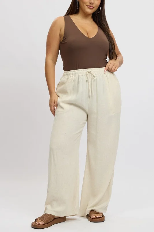 Beige Elastic Waist Wide Leg Linen Blend Pants Stylish Casual Pants