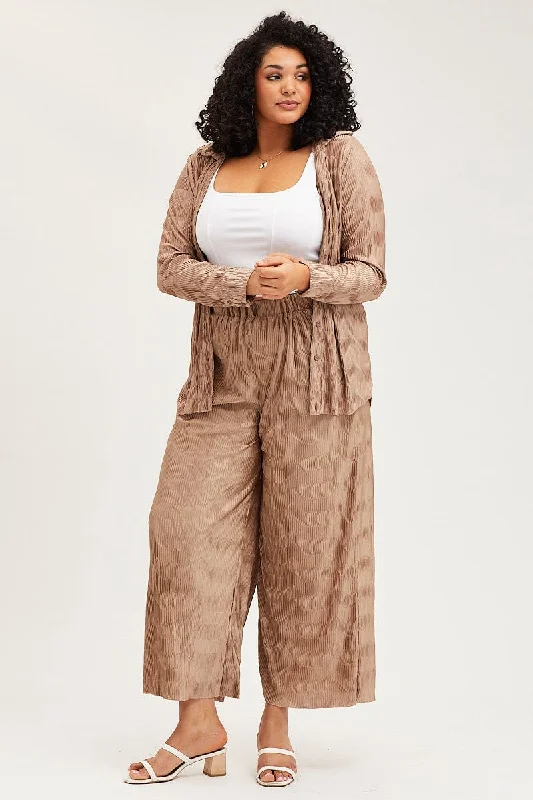Gold Pants High Rise Plisse Elastic Waist Trendy Wide-Leg Pants