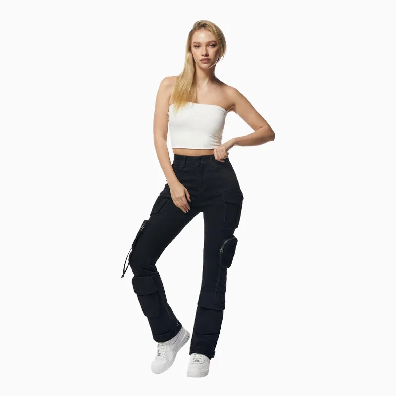 Women's High Rise Twill Straight Cargo Pant Trendy Tapered Pants