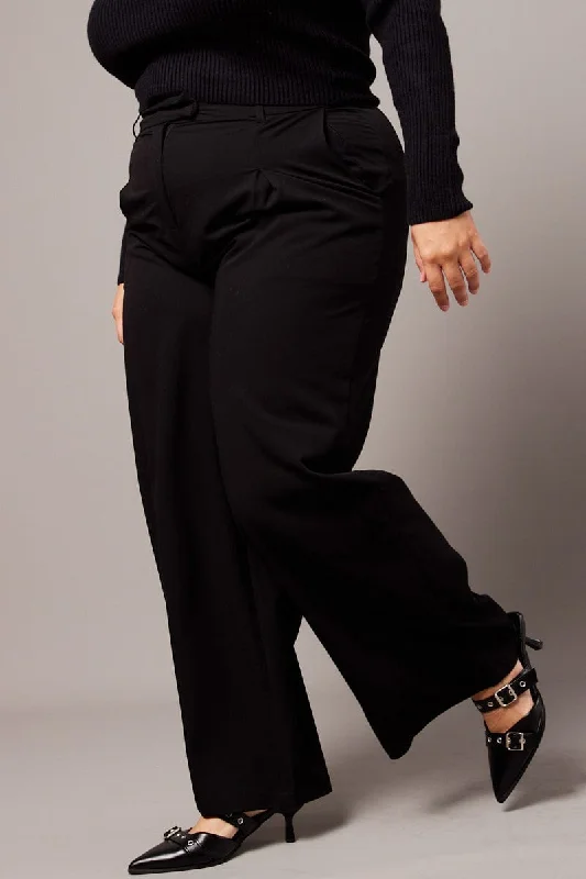 Black High Waist Tailored Wide Leg Pants Comfortable Denim Leggings
